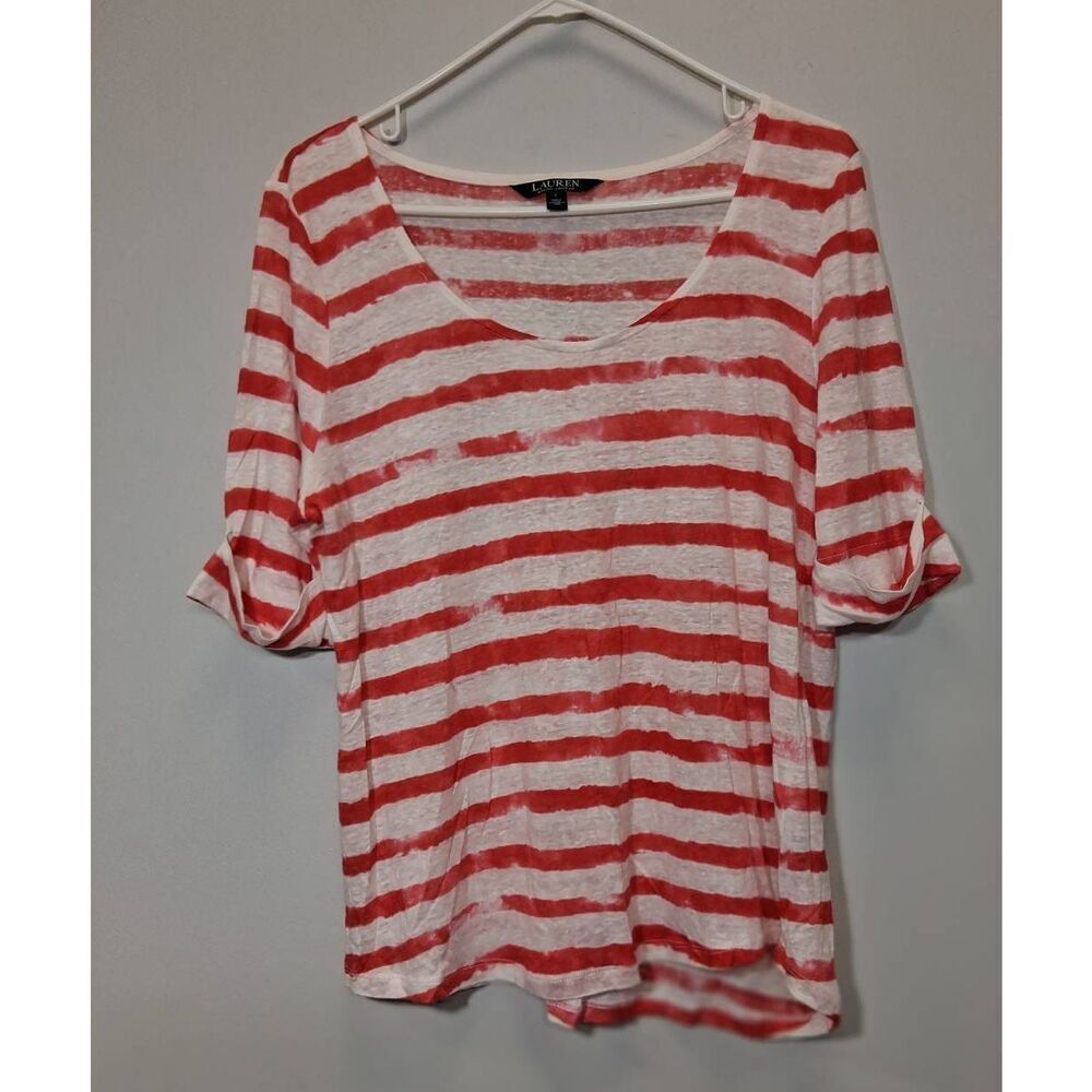 Ralph Lauren womens large 100% linen tshirt scoop neck red white stripe - Picture 4 of 9